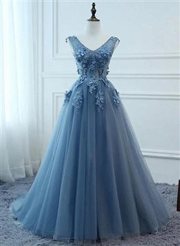 Picture of Blue Tulle V-neckline Long Party Dresses , Tulle Formal Dresses